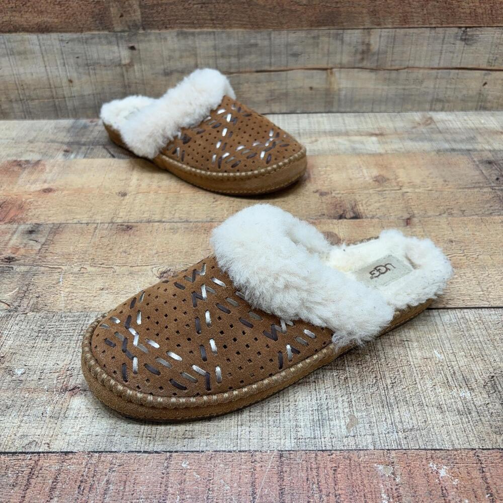 UGG Slippers Womens Size 10 Brown Suede Shearling Lined Mule Shoes Comfort